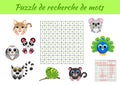 Puzzle de recherche de mots - Word search puzzle with pictures. Educational game for study French words. Kids activity worksheet