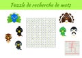 Puzzle de recherche de mots - Word search puzzle with pictures. Educational game for study French words. Kids activity worksheet