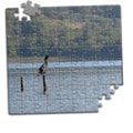 Puzzle of a duck standing on a stick over the lake Royalty Free Stock Photo