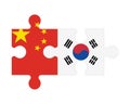 Puzzle of flags of China and South Korea, vector