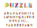 Puzzle font. ABC colorful creative letters and numbers.