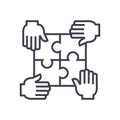 Puzzle with four hands,partnership vector line icon, sign, illustration on background, editable strokes Royalty Free Stock Photo