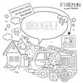 Puzzle Game for children. Coloring Page Outline Of cartoon fireman or firefighter with fire truck. Fire fighting. Coloring book