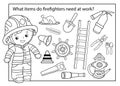 Puzzle Game for children. Coloring Page Outline Of cartoon fireman or firefighter. Profession. Fire extinguishing tools. Coloring Royalty Free Stock Photo