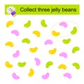 Puzzle game. Collect the three jelly beans. Vector illustration of green, pink and yellow jelly beans