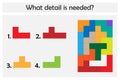 Puzzle game with colorful details for children, choose needed detail, easy level, education game for kids, preschool worksheet