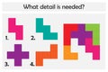 Puzzle game with colorful details for children, choose needed detail, easy level, education game for kids, preschool worksheet