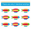 Puzzle game. Find two identical airships. Task for development of attention and logic. Vector Royalty Free Stock Photo