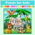 Puzzle game for kids. Animals in the meadow. Education worksheet. Color activity page. Riddle for preschool. Isolated vector