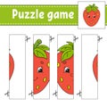 Puzzle game for kids. Berry strawberry. Cutting practice. Education developing worksheet. Activity page.Cartoon character