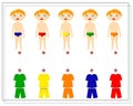 A puzzle game for kids. Color training that matches the colors of the clothes. clothing for boys in different colors