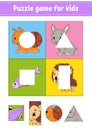 Puzzle game for kids. Cut and paste. Cutting practice. Learning shapes. Education worksheet. Circle, square, rectangle, triangle.