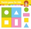 Puzzle game for kids. Cut and paste. Cutting practice. Learning shapes. Education worksheet. Circle, square, rectangle, triangle. Royalty Free Stock Photo