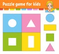 Puzzle game for kids. Cut and paste. Cutting practice. Learning shapes. Education worksheet. Circle, square, rectangle, triangle. Royalty Free Stock Photo