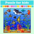 Puzzle game for kids. Dolphin and fish in the sea. Education worksheet. activity page. Riddle for preschool. Isolated vector