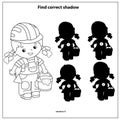 Puzzle Game for kids. Find correct shadow. Builder girl with cement mortar and trowel. Profession. Coloring book for children