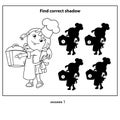 Puzzle Game for kids. Find correct shadow. Cartoon girl chef with large pot. Little cook or scullion in apron and chef hat.