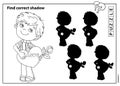 Puzzle Game for kids. Find correct shadow. Coloring Page Outline of cartoon boy with rose in hand with heart. Valentine`s day. Royalty Free Stock Photo