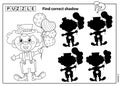 Puzzle Game for kids. Find correct shadow. Coloring Page Outline of cartoon circus clown with balloons. Coloring book for children Royalty Free Stock Photo