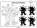 Puzzle Game for kids. Find correct shadow. Coloring Page Outline of cartoon circus clown with colorful balls. Coloring book for Royalty Free Stock Photo