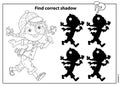 Puzzle Game for kids. Find correct shadow. Coloring Page Outline Of a cartoon girl detective with loupe. Coloring book for