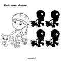 Puzzle Game for kids. Find correct shadow. Coloring Page Outline Of cartoon girl on the roller skates with a dog. Coloring book