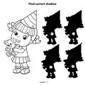 Puzzle Game for kids. Find correct shadow. Coloring Page Outline Of cartoon girl with a teddy bear at the holiday. Birthday.