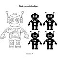 Puzzle Game for kids. Find correct shadow. Coloring Page Outline Of cartoon robot. Coloring book for children