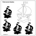 Puzzle Game for kids. Find correct shadow. Coloring Page Outline Of cartoon sail ship. Coloring book for children