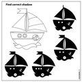 Puzzle Game for kids. Find correct shadow. Coloring Page Outline Of cartoon sail ship. Coloring book for children