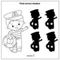 Puzzle Game for kids. Find correct shadow. Coloring Page Outline of cartoon sailor with lifebuoy. Coloring book for children