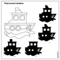 Puzzle Game for kids. Find correct shadow. Coloring Page Outline Of cartoon ship or steamer. Coloring book for children