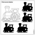 Puzzle Game for kids. Find correct shadow. Coloring Page Outline Of cartoon train. Coloring book for children