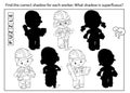 Puzzle Game for kids. Find correct shadow. Coloring Page Outline Of cartoon workers with building tools. Profession. Coloring book