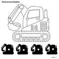 Puzzle Game for kids. Find correct shadow. Crawler excavator. Construction vehicles. Coloring book for children