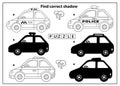 Puzzle Game for kids. Find correct shadow. Images transport or vehicle. Cartoon passenger car or machine, taxi and police car.