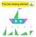 Puzzle game for children. Find the missing element. Children activity page. Vector