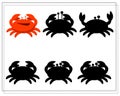 Puzzle game for kids find the right shadow. Choose a shade for the sea creatures, cartoon crab. vector Royalty Free Stock Photo