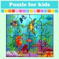 Puzzle game for kids. Fish in the sea. Education worksheet. Color activity page. Riddle for preschool. Isolated vector