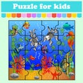 Puzzle game for kids. Fish in the sea. Education worksheet. Color activity page. Riddle for preschool. Isolated vector