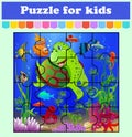 Puzzle game for kids. Fish in the sea. Education worksheet. Color activity page. Riddle for preschool. Isolated vector