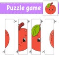 Puzzle game for kids. Fruit apple. Cutting practice. Education developing worksheet. Activity page.Cartoon character