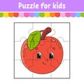 Puzzle game for kids. Fruit apple. Jigsaw pieces. Color worksheet. Activity page. Isolated vector illustration. cartoon style