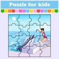 Puzzle game for kids. Girl feeding a dolphin with fish by the sea. Education worksheet. Color activity page. Riddle for preschool