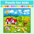 Puzzle game for kids. house cow pig birds and sheep. Education worksheet. Color activity page. Riddle for preschool. Isolated