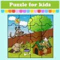 Puzzle game for kids. cartoon doghouse kennel near a fence and a tree. Education worksheet. Color activity page