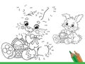 Puzzle Game for kids: numbers game. Coloring Page Outline Of cartoon cute Easter bunny with eggs and sweets. Coloring Book for