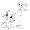 Puzzle Game for kids: numbers game. Coloring Page Outline Of cartoon little cat with toy ball. Cute playful kitten. Coloring Book Royalty Free Stock Photo