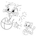 Puzzle Game for kids: numbers game. Coloring Page Outline Of cartoon little cat with toy ball. Cute playful kitten. Coloring Book Royalty Free Stock Photo