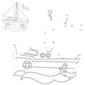 Puzzle Game for kids: numbers game. Cartoon sail ship. Coloring book for children